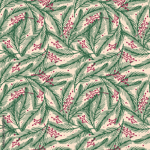 Wallpaper Mural Christmas whimsical seamless pattern with green spruce branches and red berries, on beige background. Coquette pattern for wrapping paper, fabric and holiday decor Torontodigital.ca