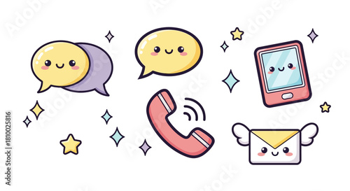 Kawaii communication icons: speech bubbles, phone, tablet, and winged envelope.