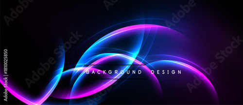 Abstract neon curves, vibrant pinks, blues blend. Dark background creates dramatic visual effect. Modern design element.