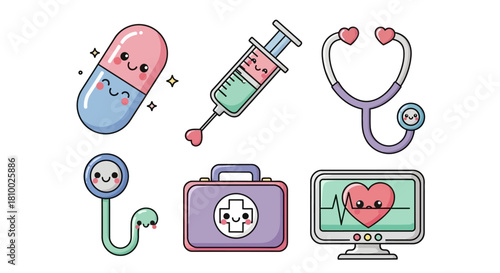 Cute medical icons: pill, syringe, stethoscope, blood pressure monitor, first aid kit, heart monitor.