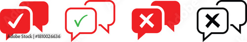 Four speech bubble icons with check and cross marks