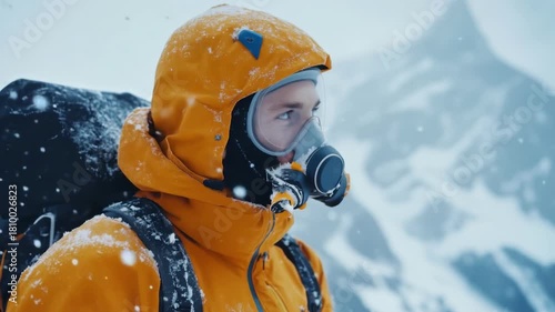 A young man wearing a mask and an oxygen tank, standing in the mountains, concept of high-altitude adventure, safety, and exploration
