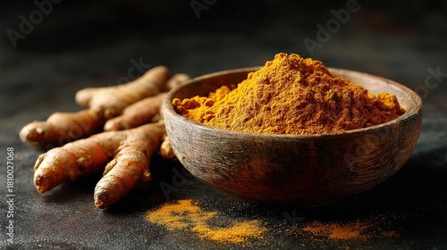 Fototapeta Naklejka Na Ścianę i Meble -  Grounded spice and whole roots are presented together in a dark setting.