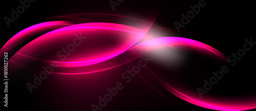 Abstract pink curves shine against dark background. Smooth lines create dynamic, modern visual effect. Brightness emphasizes flowing shapes.