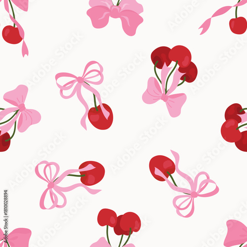 Seamless Pattern of Cherries with Pink Bows. Endless textures for your design	