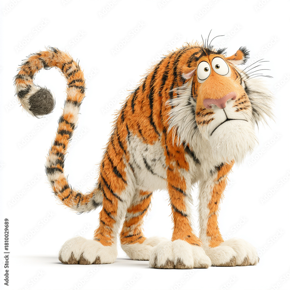 Obraz premium Cartoon tiger stands with a puzzled expression in a playful animation style showcasing bright colors and exaggerated features