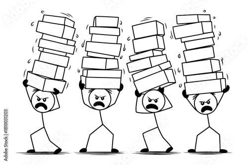 Four stick figures struggle under the weight of enormous stacks of boxes.