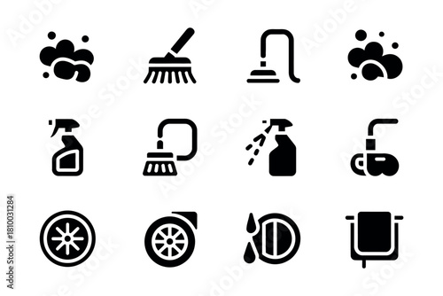 A collection of cleaning icons including soap bubbles, brushes, vacuum cleaners, spray bottles, and towels.