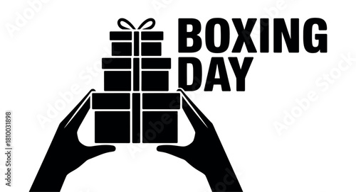 Hands holding stacked gift boxes with the words "BOXING DAY" text.