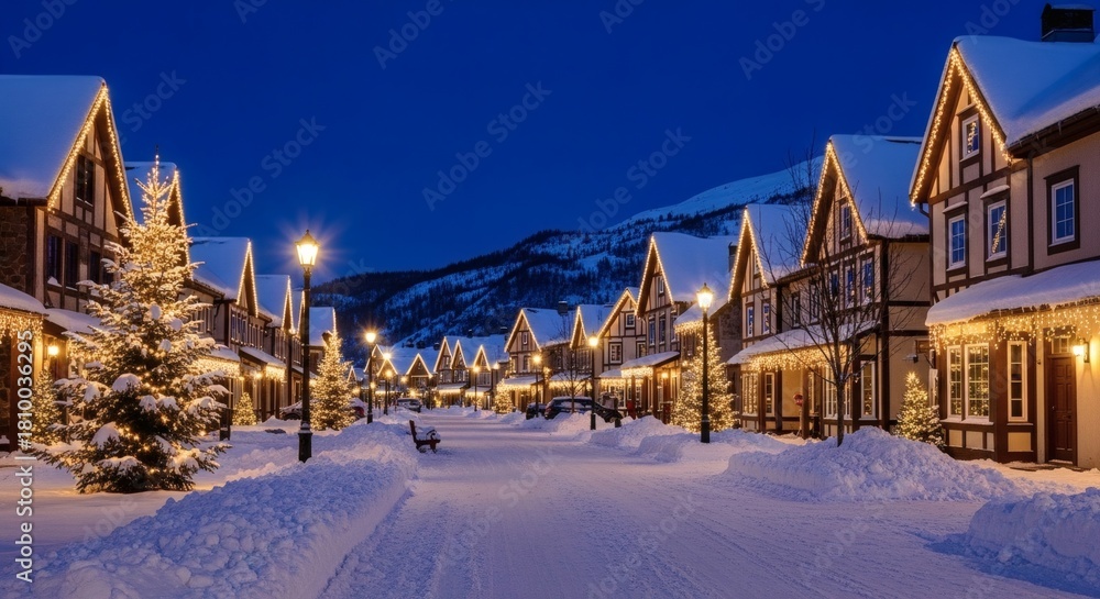Fototapeta premium Winter Village Serenity: The village bathed in a serene twilight glow, offering a cozy Christmas and holiday season escape.