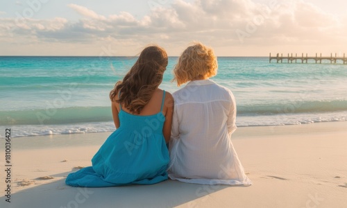 Two women sit facing the ocean at sunset
