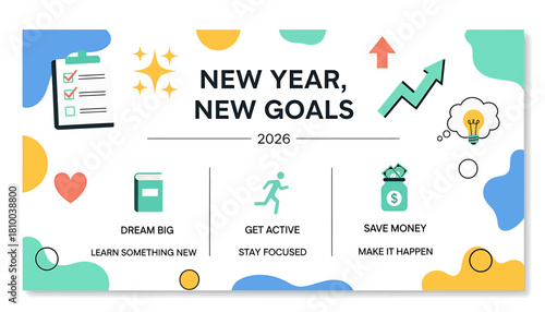 Inspirational banner concept for setting new year's resolutions and personal growth goals for 2026 with icons