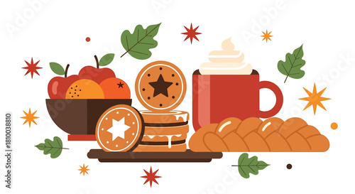 Festive Autumnal Food and Drink Collection Oranges, Cookies, Bread, and Hot Beverage