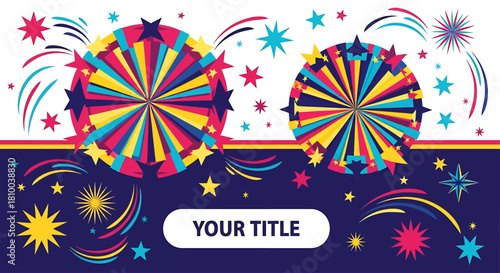 Dynamic Festive Celebration Banner with Colorful Fireworks and Sparkling Starbursts, Perfect for Event Marketing and Holiday Greetings