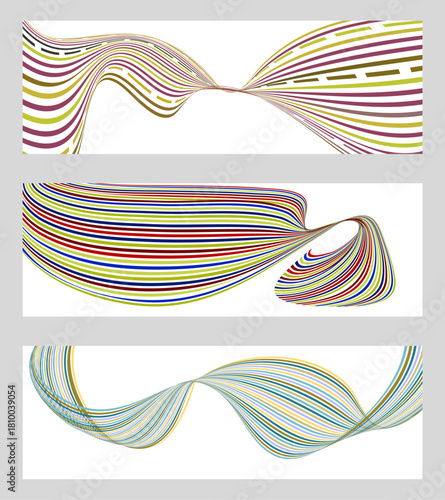 Wavy lines or ribbons. Set of 3 backgrounds. Multicolored striped gradient. Creative unusual background 