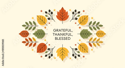 Colorful fall leaves forming an elegant oval wreath on a light background, symbolizing the gratitude of the harvest season