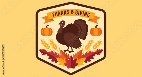 Festive Thanksgiving emblem featuring a traditional turkey, harvest pumpkins, and colorful fall foliage on an autumn background