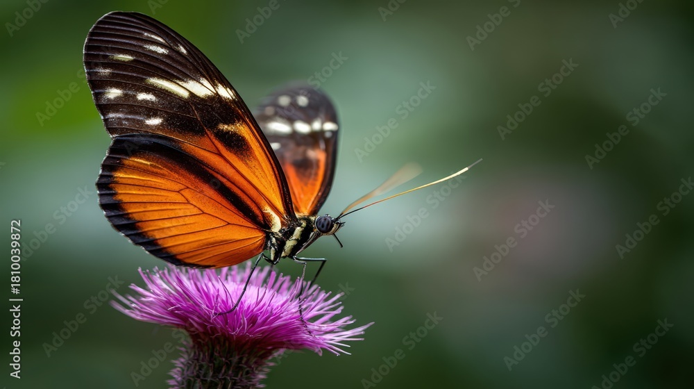 Fototapeta premium Detailed close up shows bright orange and black butterfly resting on a purple flower blossom