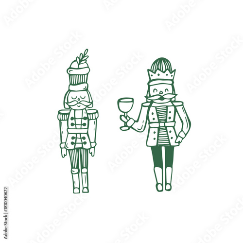 Whimsical Christmas nutcracker illustration, doodle green vector, soldier cute christmas toy