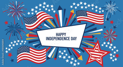 Patriotic American celebration banner with USA flags, fireworks, and stars for the Fourth of July holiday