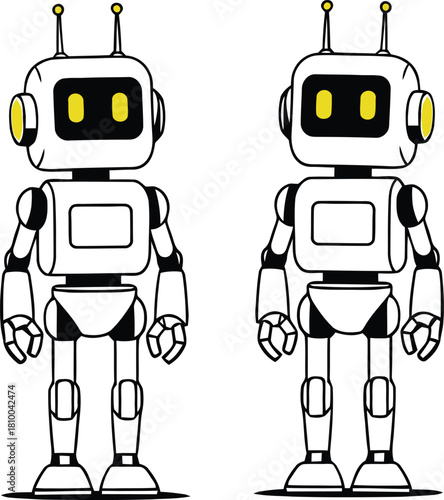 Two identical cute retro cartoon robot vector illustration set. small, white futuristic automaton standing.