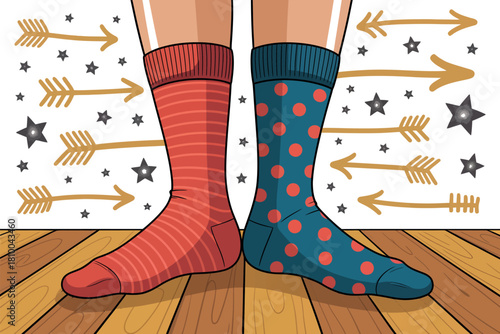 Two feet wearing different patterned socks stand on a wooden floor with arrows pointing outwards.