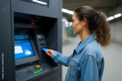 Woman making contactless ATM transaction using bank card in modern urban environment for digital banking