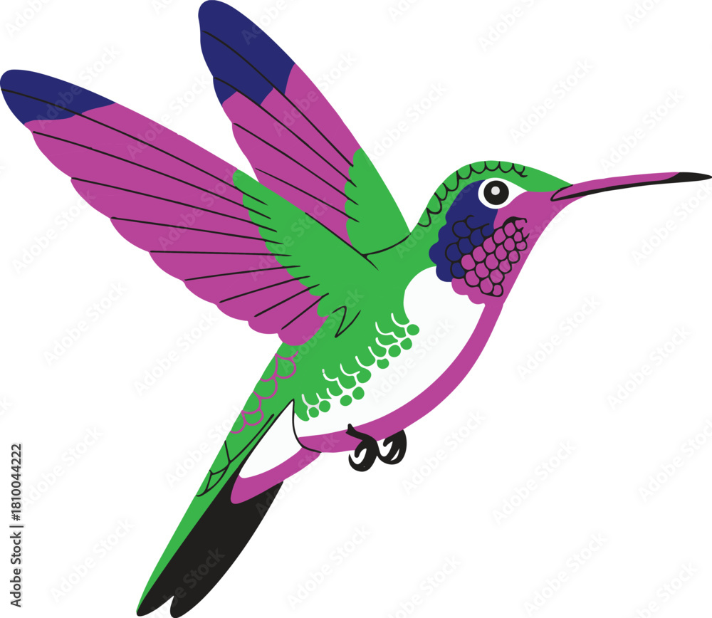 Fototapeta premium Stylized hummingbird with vibrant pink green and blue wings in flight animal flying vector illustration EPS file download. 