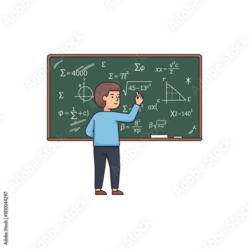 A young male teacher or student writes complex mathematical formulas and equations on a green chalkboard.