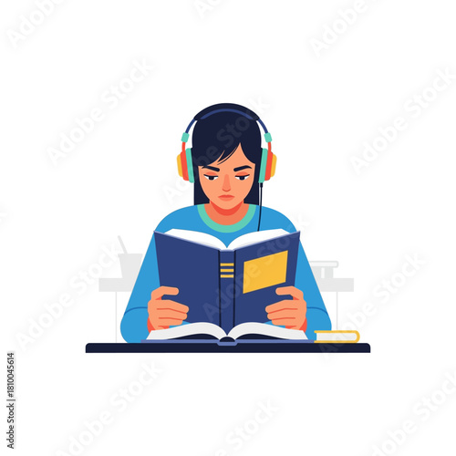 A young woman intently reads a book while wearing headphones, focused on learning.