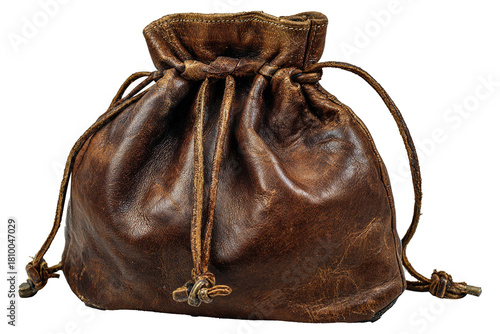 Vintage brown leather drawstring pouch or coin purse isolated on transparent background