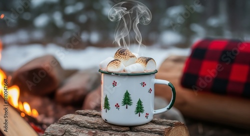 Cozy Campfire Cocoa: The enchanting scene of a steaming mug of hot cocoa, topped with perfectly roasted marshmallows, next to a crackling campfire, evokes the warmth and nostalgia of a cold day.