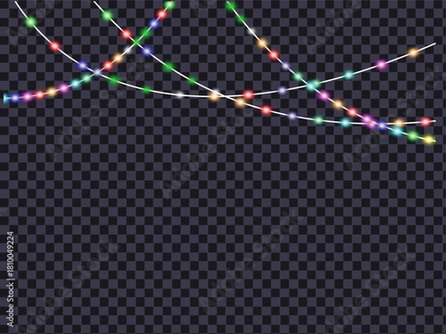 Colorful string lights forming arcs on transparent background