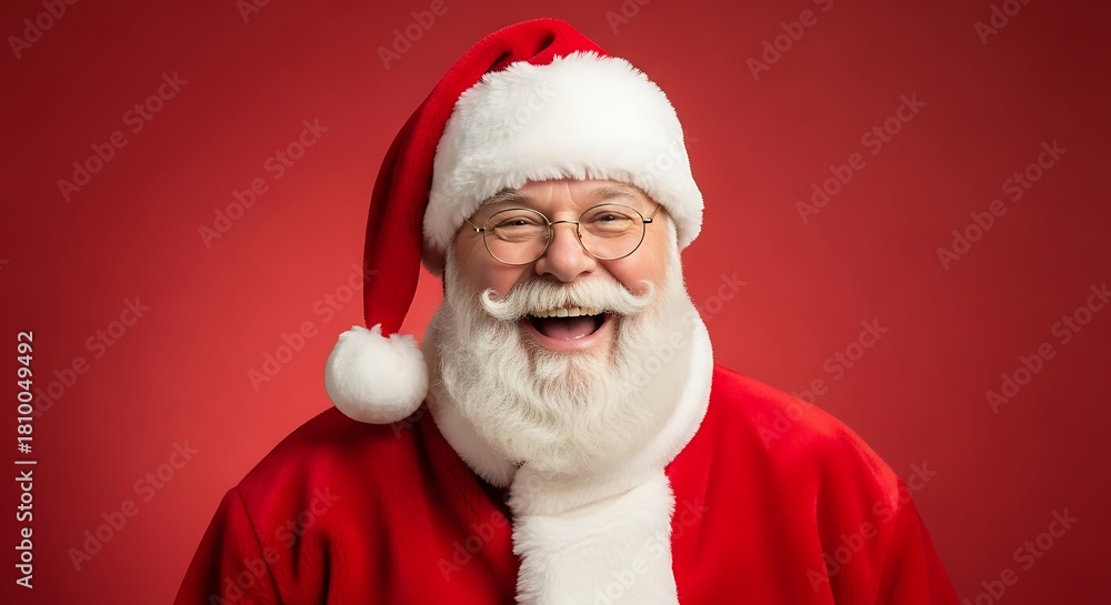 Fototapeta premium A cheerful Santa Claus with a big white beard and glasses laughing against a festive red background.