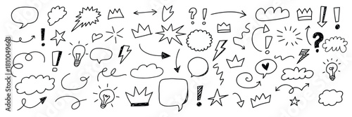 Doodle Sketch Set HandDrawn Speech Bubbles, Arrows, Light Bulbs, Clouds, Crowns, and More
