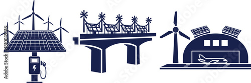 Renewable energy infrastructure including wind turbines solar panels and electric vehicle charging station