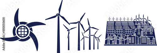 Abstract energy symbol wind turbines and solar powered city skyline illustration renewable energy
