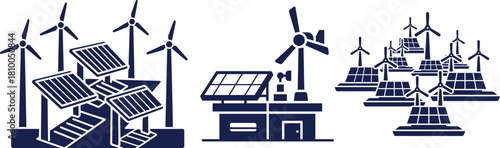 Dark blue graphic icons of wind turbines and solar panels renewable energy