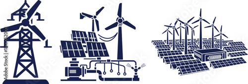 Dark blue icons of wind turbines solar panels and power lines electricity energy