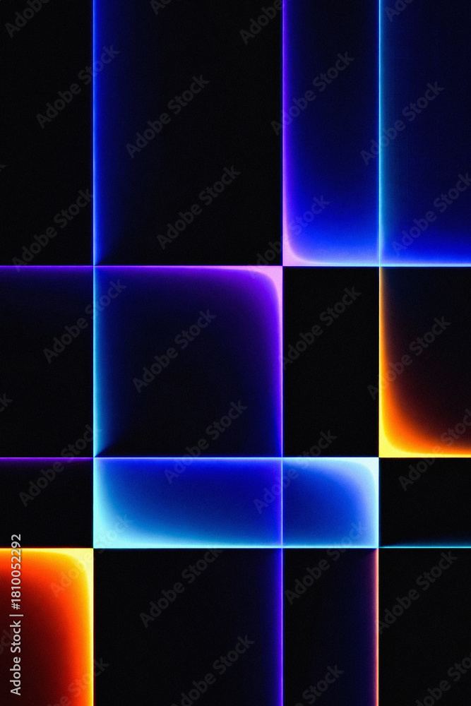 Fototapeta premium Abstract geometric grid pattern with vibrant glowing neon lines of blue purple and orange on black background