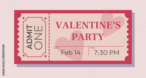 Valentines day tickets templates. Vector coupons for party access with holiday symbols hearts and pink colors. Cute and romantic design.