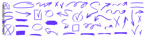 Sketchy arrow icons mixed with underline marks, textured marker lines and vivid highlight strokes. Each arrow blends underline with marker contrast and highlight brush softness.