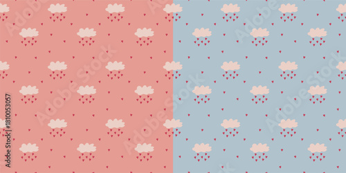 Cute and cozy seamless patterns with clouds and rain in the shape of hearts on pastel pink and blue backgrounds.