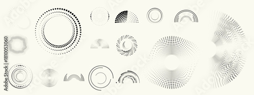 Abstract circular halftones element set, geometric dotted ring and spiral circle shapes for modern design, technology, or motion graphic backgrounds. Dotted round elements, radial spirals, and vortex.