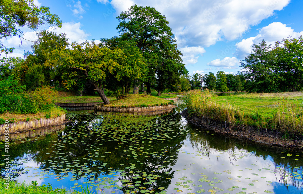 Fototapeta premium Landschaft und Natur im Gartnereich Dessau-Wörlitz, Wörlitzer Park, UNESCO Weltkulturerbe, Dessau, Sachsen Anhalt, Deutschland