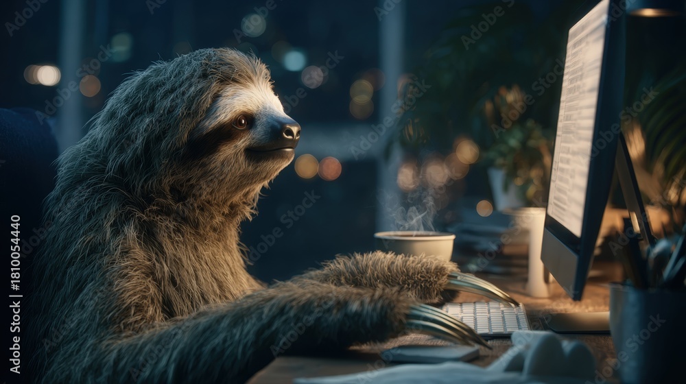 Obraz premium Sloth Typing at Computer Desk with Coffee in Modern Office Setting