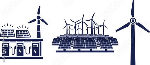 Renewable energy charging stations wind turbine arrays and single wind turbine illustration