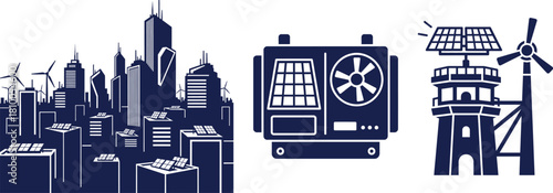 Renewable Energy Cityscape and Power Generation Icons Keywords: city, cityscape, skyline, buildings, skyscrapers, wind turbines
