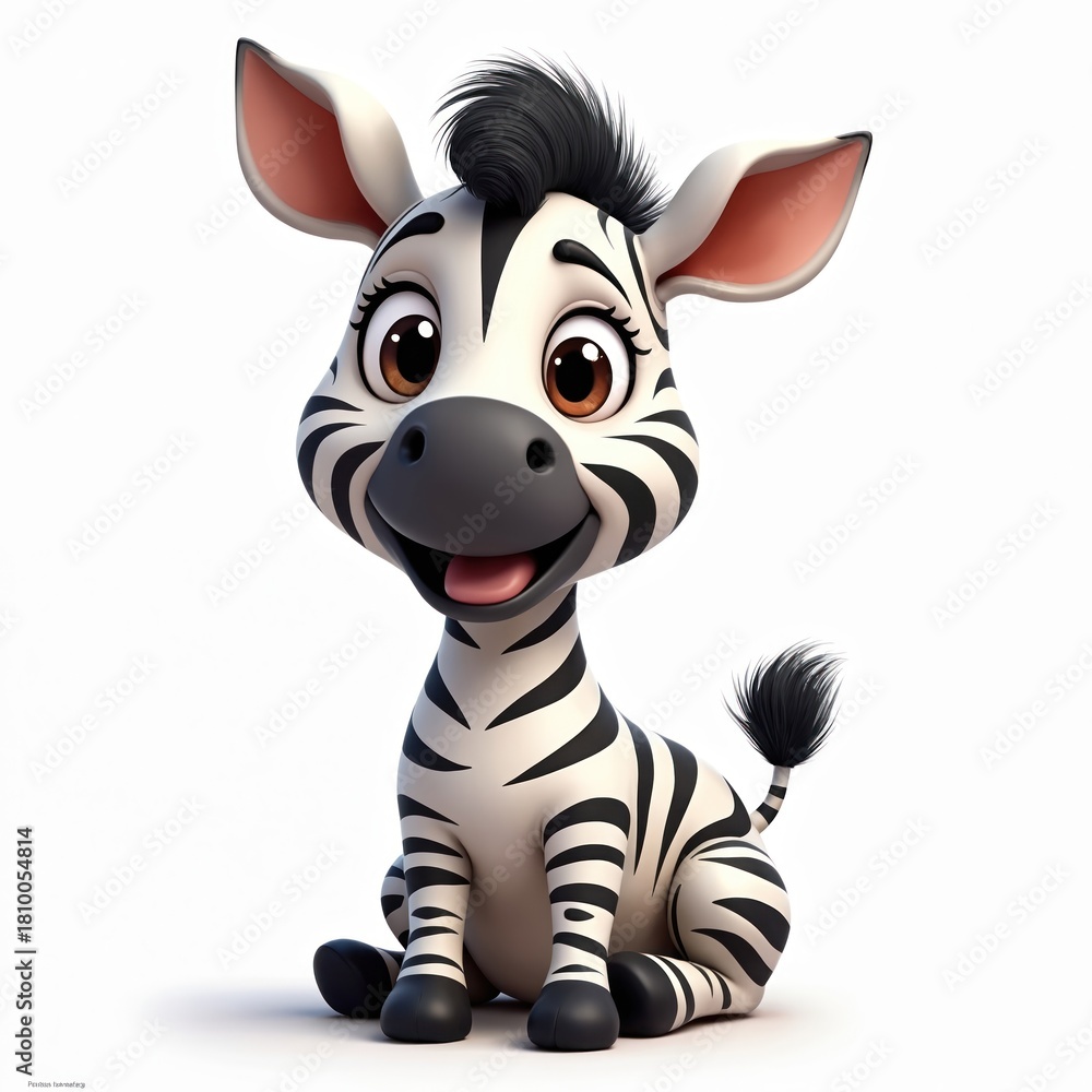 Naklejka premium Happy cartoon zebra with big eyes and smiling expression sits on white background. Young equine mammal with black stripes wears funny hairstyle.