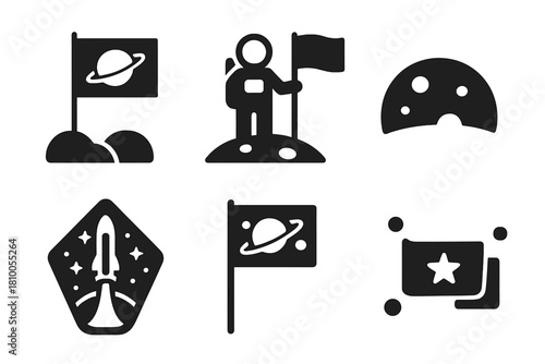 Vexillology Space Icons. Line style icons of Vexillology: space mission flag, astronaut holding flag, lunar surface icon, mission